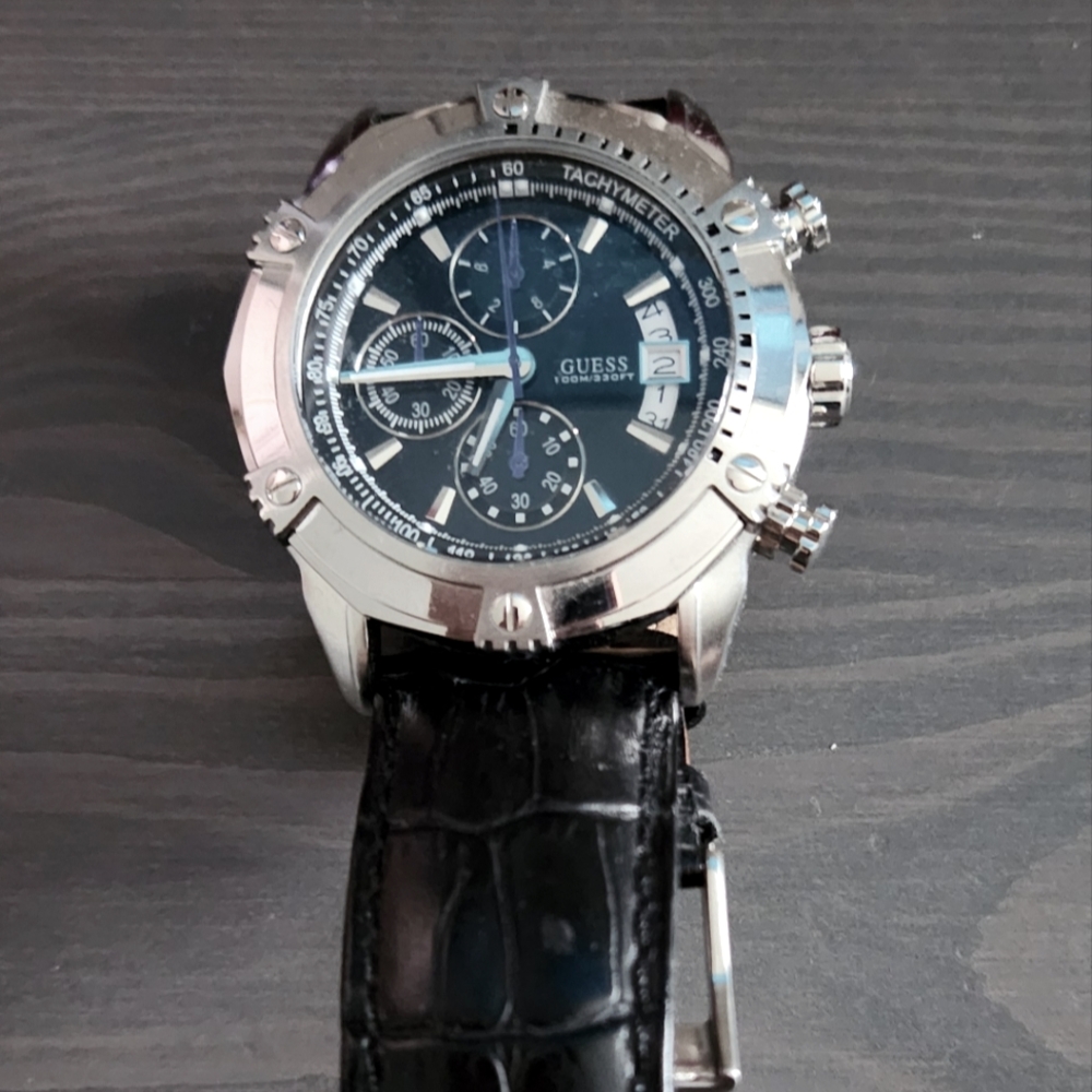 Guess Mens Silver and Black Leather Chronograph Watch